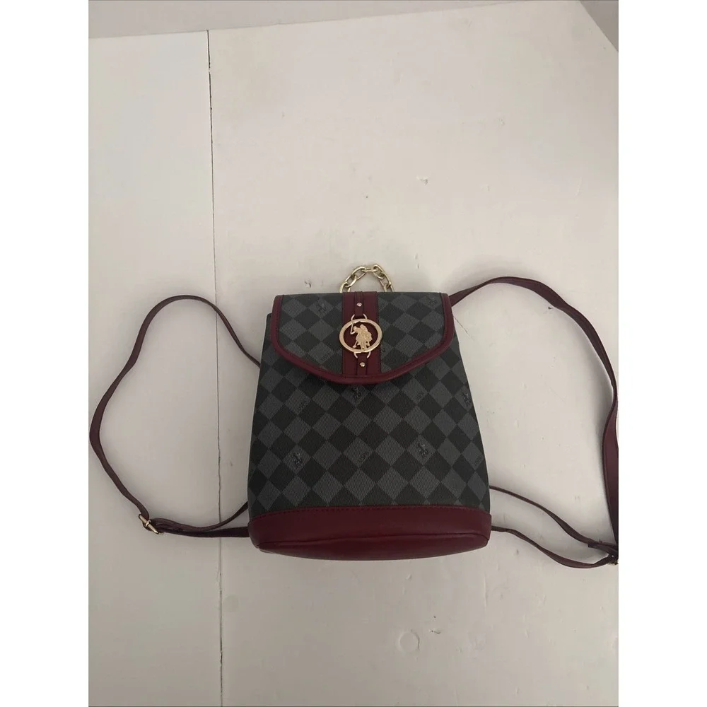 US Polo Assn USPA Diamond Gold Medallion Backpack Purse Bag Gold Handle EUC